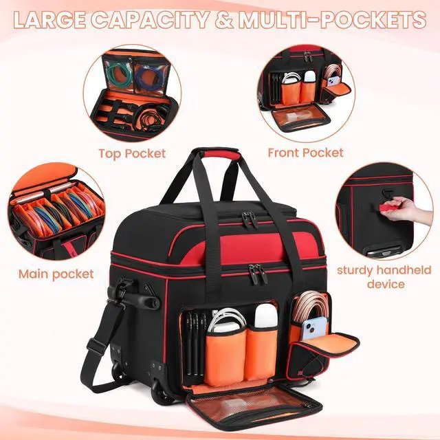 Alt view image 4 of 6 - DJ Cable Bag with Wheels for Equipment,Rolling Gig Bags for Musicians | 8 Detachable Dividers, Multiple Pockets for Laptop Microphone, Durable Fabric, Versatile Carrying, for Outdoor Events Touring