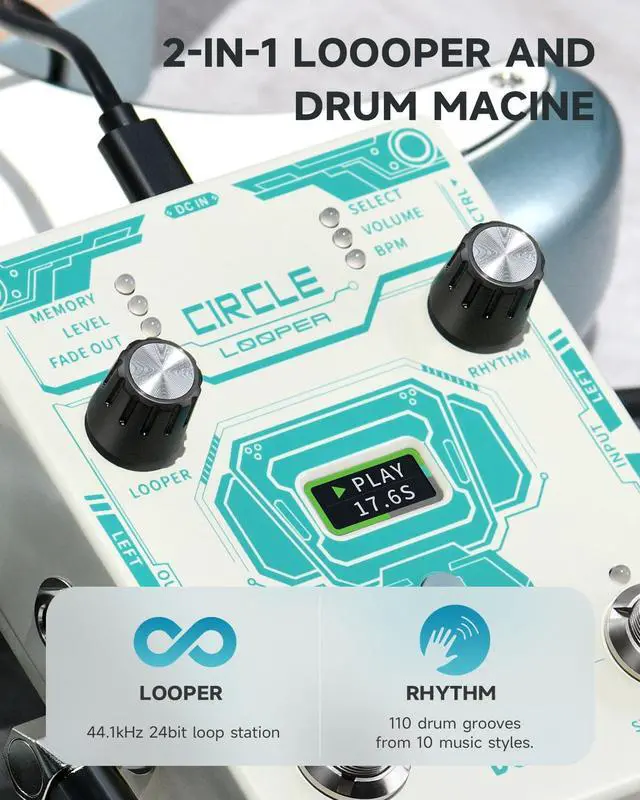 Alt view image 2 of 6 - Circle Looper Pedal Drum Machine, 2 in 1 Drum Looper Stereo Guitar Loop Pedals, 40 Slots 160 mins Loop with 110 Drum Grooves, Tap Tempo, Fade Out