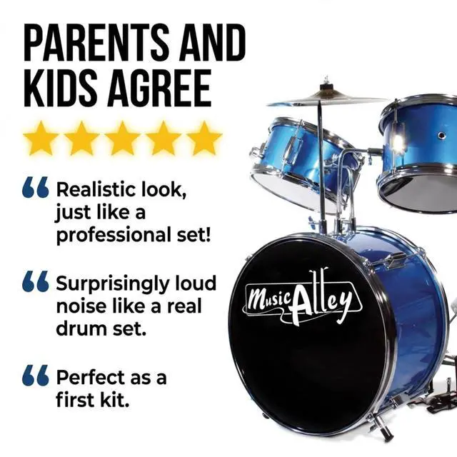 Alt view image 7 of 7 - 3 Piece Kids Drum Set with Throne, Cymbal & Sticks, Blue | Junior drum set for kids with bass drum, snare, tom, cymbal, pedal, throne and sticks for young beginners
