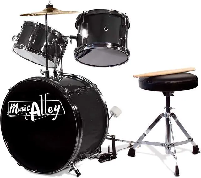 Main image of 3 Piece Kids Drum Set with Throne, Cymbal & Sticks, Black | Junior drum set for kids with bass drum, snare, tom, cymbal, pedal, throne and sticks for young beginners