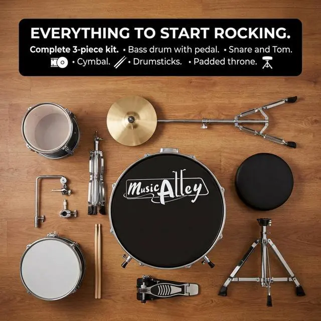 Alt view image 3 of 6 - 3 Piece Kids Drum Set with Throne, Cymbal & Sticks, Black | Junior drum set for kids with bass drum, snare, tom, cymbal, pedal, throne and sticks for young beginners