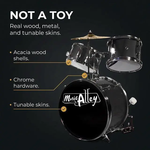 Alt view image 2 of 6 - 3 Piece Kids Drum Set with Throne, Cymbal & Sticks, Black | Junior drum set for kids with bass drum, snare, tom, cymbal, pedal, throne and sticks for young beginners