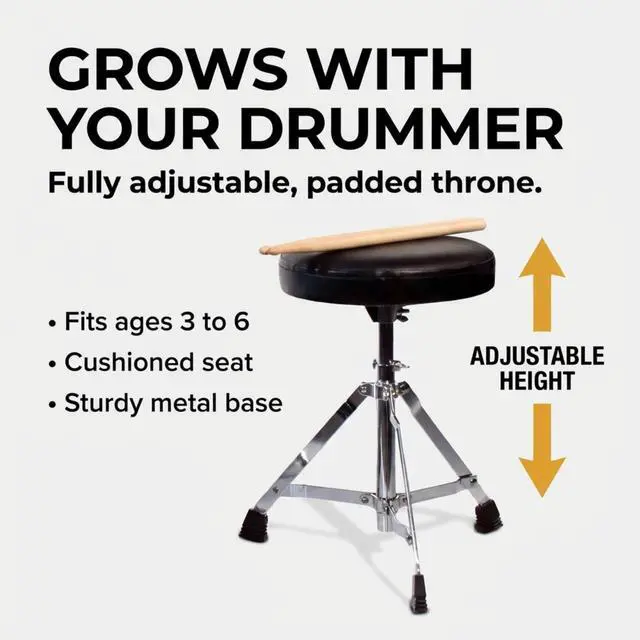 Alt view image 5 of 6 - 3 Piece Kids Drum Set with Throne, Cymbal & Sticks, Black | Junior drum set for kids with bass drum, snare, tom, cymbal, pedal, throne and sticks for young beginners
