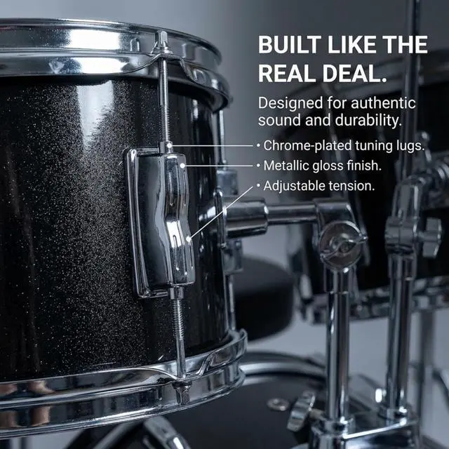 Alt view image 4 of 6 - 3 Piece Kids Drum Set with Throne, Cymbal & Sticks, Black | Junior drum set for kids with bass drum, snare, tom, cymbal, pedal, throne and sticks for young beginners