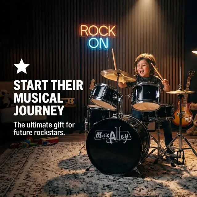 Alt view image 6 of 6 - 3 Piece Kids Drum Set with Throne, Cymbal & Sticks, Black | Junior drum set for kids with bass drum, snare, tom, cymbal, pedal, throne and sticks for young beginners