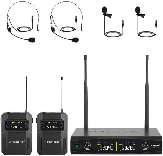 Main image of UHF Wireless Microphone System w/ 2x30 Tunable Frequencies, Metal Cordless Mic Set, 200 ft Range, 2 Bodypacks & Headsets/Lapel Mics for Speaking, Singing, Church, DJ (PTU-52-2B)