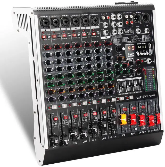Main image of 8 Channel Audio Mixer Professional Sound Mixing Board with 99 DSP Effects, 7-band EQ Digital DJ Mixer Console w/USB Bluetooth MP3 for Recording, Independent 48V Power & Mute Button