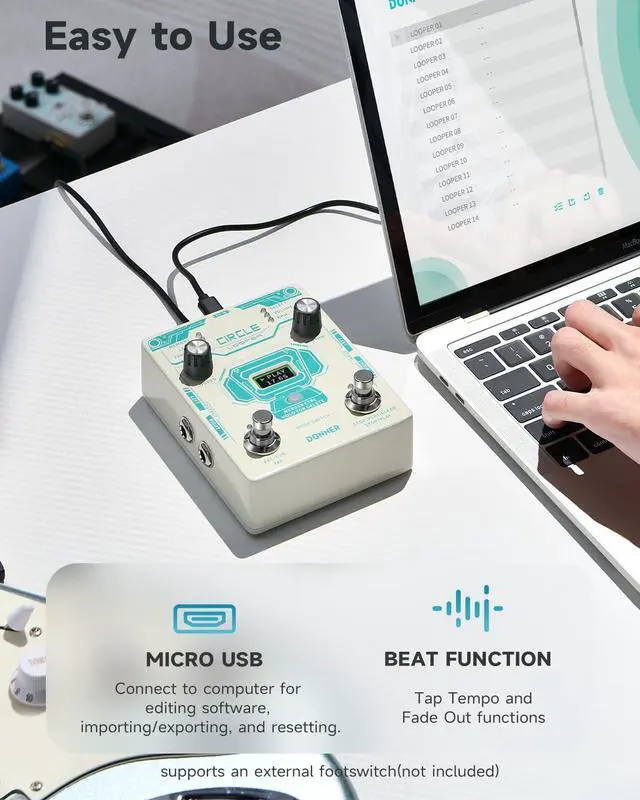 Alt view image 6 of 6 - Circle Looper Pedal Drum Machine, 2 in 1 Drum Looper Stereo Guitar Loop Pedals, 40 Slots 160 mins Loop with 110 Drum Grooves, Tap Tempo, Fade Out