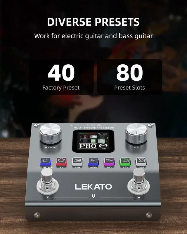 Alt view image 3 of 7 - Multi Effects Guitar Pedal, Electric Guitar Effects Pedal, Pocket Rechargeable Effects Processor with 6 Effects Modules, 80 Presets, 20 IRs, BT Audio, Headphone Output
