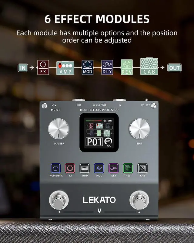 Alt view image 4 of 7 - Multi Effects Guitar Pedal, Electric Guitar Effects Pedal, Pocket Rechargeable Effects Processor with 6 Effects Modules, 80 Presets, 20 IRs, BT Audio, Headphone Output