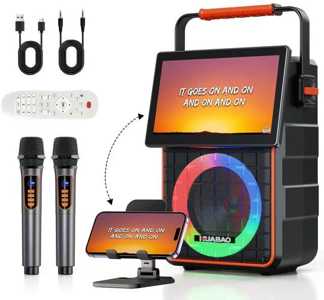 Main image of Portable Karaoke Machine with 10.1 Rotatable HD Screen, Wireless Screen Mirroring for iOS & Android, Bluetooth Speaker with Lyrics Display, PA System with 2 Wireless Microphones & LED Lights for Home