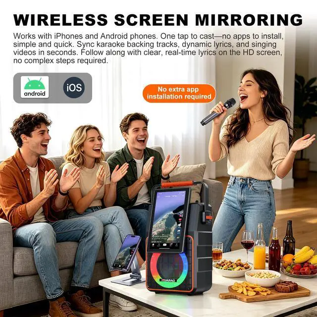 Alt view image 3 of 7 - Portable Karaoke Machine with 10.1 Rotatable HD Screen, Wireless Screen Mirroring for iOS & Android, Bluetooth Speaker with Lyrics Display, PA System with 2 Wireless Microphones & LED Lights for Home