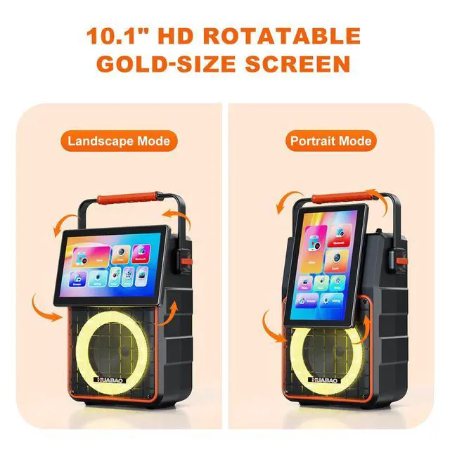 Alt view image 4 of 7 - Portable Karaoke Machine with 10.1 Rotatable HD Screen, Wireless Screen Mirroring for iOS & Android, Bluetooth Speaker with Lyrics Display, PA System with 2 Wireless Microphones & LED Lights for Home
