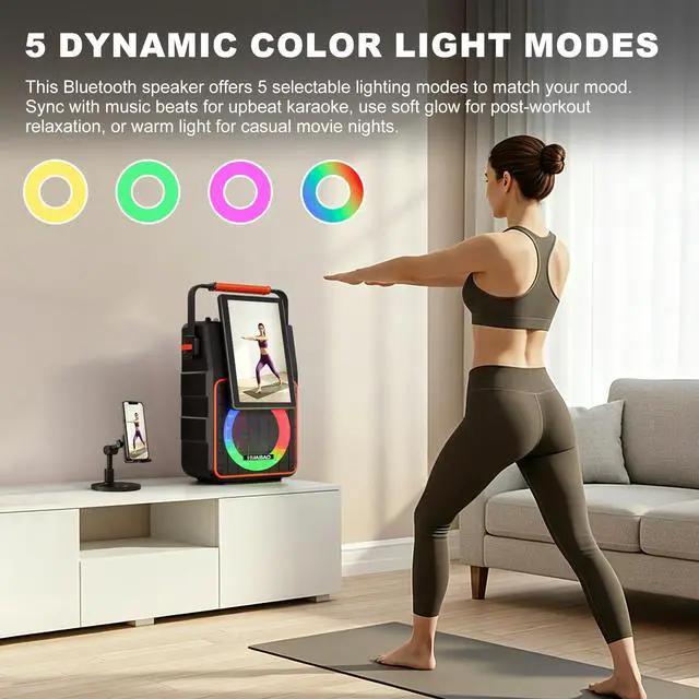 Alt view image 5 of 7 - Portable Karaoke Machine with 10.1 Rotatable HD Screen, Wireless Screen Mirroring for iOS & Android, Bluetooth Speaker with Lyrics Display, PA System with 2 Wireless Microphones & LED Lights for Home