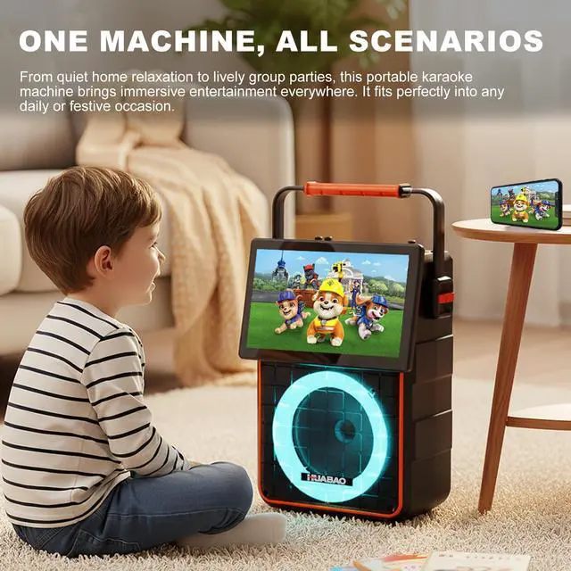Alt view image 7 of 7 - Portable Karaoke Machine with 10.1 Rotatable HD Screen, Wireless Screen Mirroring for iOS & Android, Bluetooth Speaker with Lyrics Display, PA System with 2 Wireless Microphones & LED Lights for Home