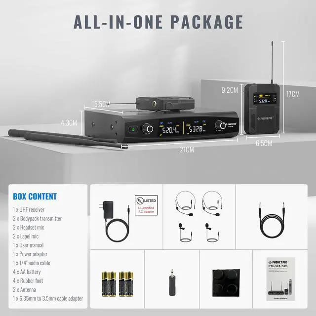 Alt view image 7 of 7 - UHF Wireless Microphone System w/ 2x30 Tunable Frequencies, Metal Cordless Mic Set, 200 ft Range, 2 Bodypacks & Headsets/Lapel Mics for Speaking, Singing, Church, DJ (PTU-52-2B)