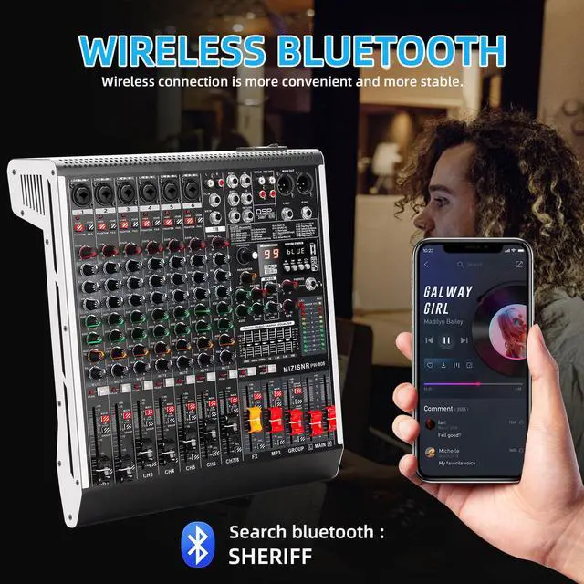 Alt view image 6 of 7 - 8 Channel Audio Mixer Professional Sound Mixing Board with 99 DSP Effects, 7-band EQ Digital DJ Mixer Console w/USB Bluetooth MP3 for Recording, Independent 48V Power & Mute Button