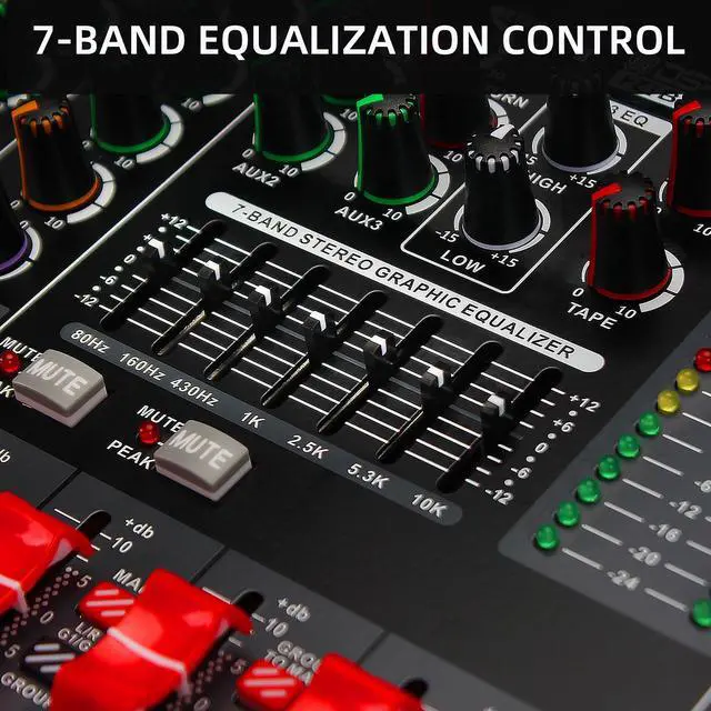 Alt view image 4 of 7 - 8 Channel Audio Mixer Professional Sound Mixing Board with 99 DSP Effects, 7-band EQ Digital DJ Mixer Console w/USB Bluetooth MP3 for Recording, Independent 48V Power & Mute Button