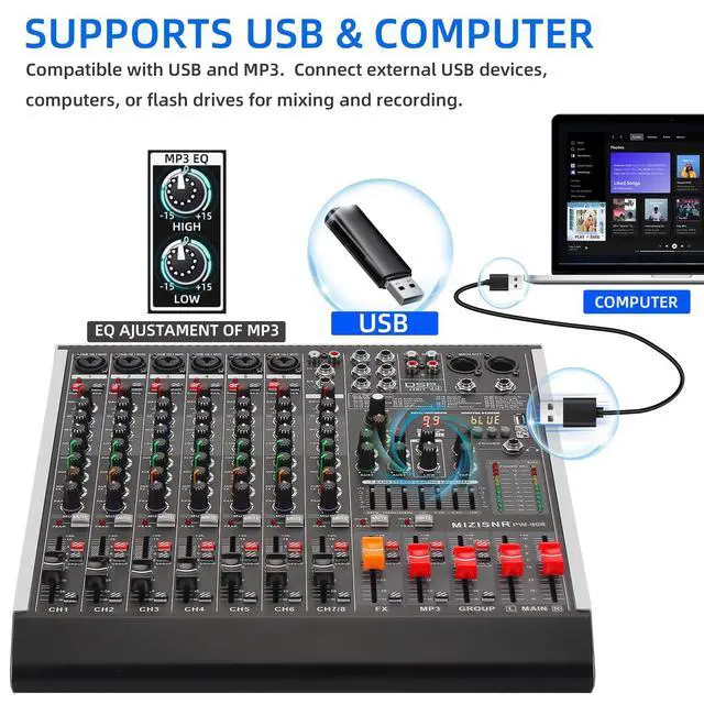 Alt view image 5 of 7 - 8 Channel Audio Mixer Professional Sound Mixing Board with 99 DSP Effects, 7-band EQ Digital DJ Mixer Console w/USB Bluetooth MP3 for Recording, Independent 48V Power & Mute Button
