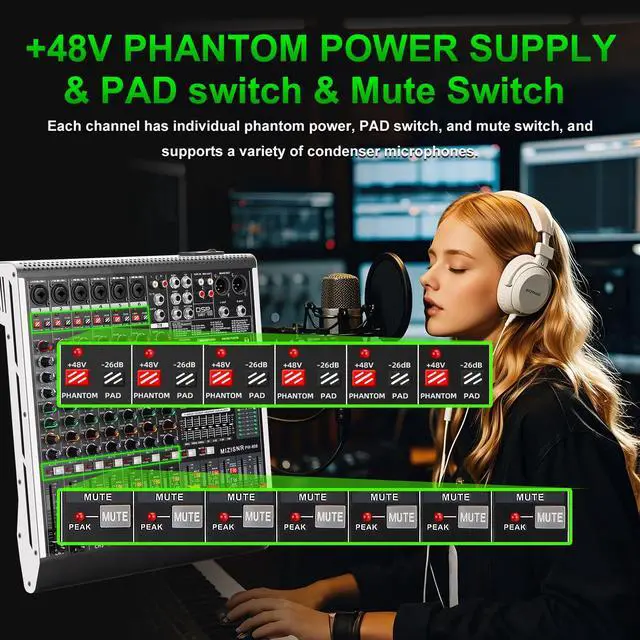 Alt view image 7 of 7 - 8 Channel Audio Mixer Professional Sound Mixing Board with 99 DSP Effects, 7-band EQ Digital DJ Mixer Console w/USB Bluetooth MP3 for Recording, Independent 48V Power & Mute Button