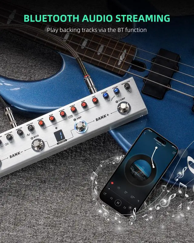 Alt view image 6 of 7 - Bass Multi Effects Pedal, Bass Effects Pedal with 36 Presets, Editable 4 Modules, Amp, Compressor, Mod, Space, Reverb, IR CAB, Tuner, BT Connection, Music Recording