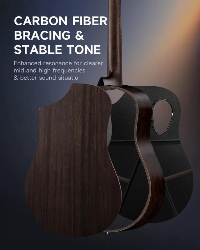 Alt view image 4 of 7 - Acoustic Electric Guitar Beginner Kits with Carbon Fiber Top, Wooden Bowl, Built-in Pickups, 38 Inch, RISING-G2 (Black)