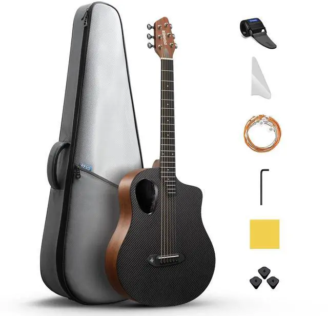 Main image of Acoustic Electric Guitar Kit for Beginner Intermediate Adult with Built-in Pickups, Carbon Fiber Top, Wooden Bowl, 38 Inch, RISING-G2 (Brown)