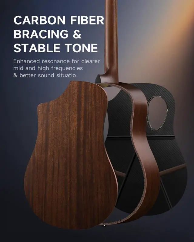 Alt view image 4 of 7 - Acoustic Electric Guitar Kit for Beginner Intermediate Adult with Built-in Pickups, Carbon Fiber Top, Wooden Bowl, 38 Inch, RISING-G2 (Brown)