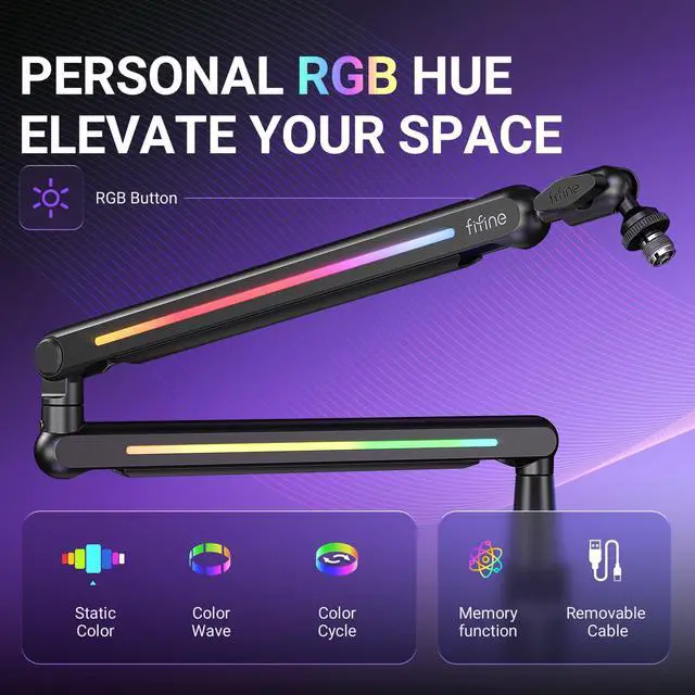 Alt view image 3 of 7 - BM88Pro RGB Low Profile Microphone Boom Arm for Gaming Streaming | Adjustable Mic Stand, Controllable RGB, Desk Mount Clamp, Cable Management, Screw Adapter
