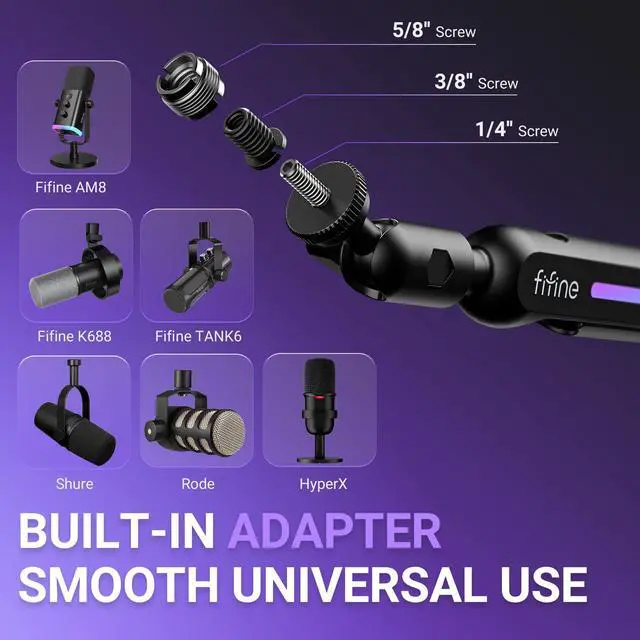 Alt view image 5 of 7 - BM88Pro RGB Low Profile Microphone Boom Arm for Gaming Streaming | Adjustable Mic Stand, Controllable RGB, Desk Mount Clamp, Cable Management, Screw Adapter