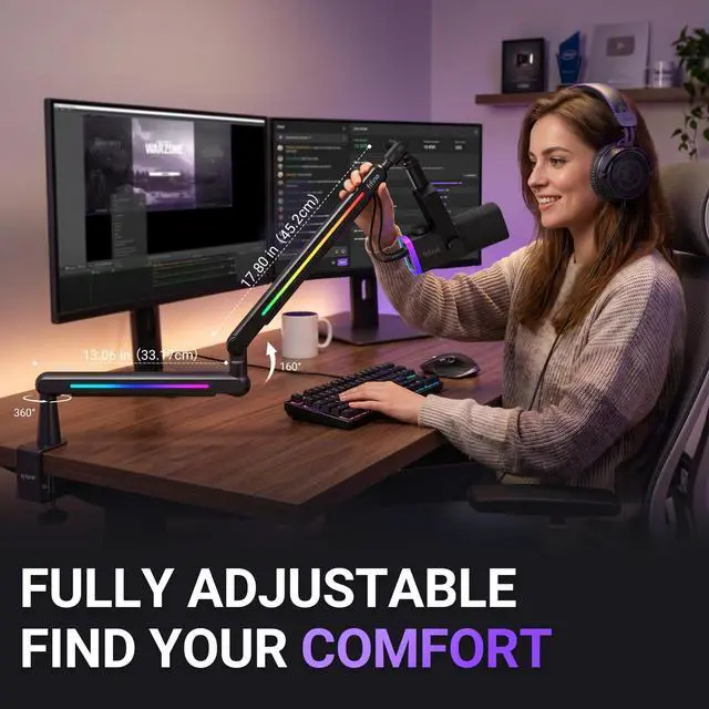 Alt view image 4 of 7 - BM88Pro RGB Low Profile Microphone Boom Arm for Gaming Streaming | Adjustable Mic Stand, Controllable RGB, Desk Mount Clamp, Cable Management, Screw Adapter