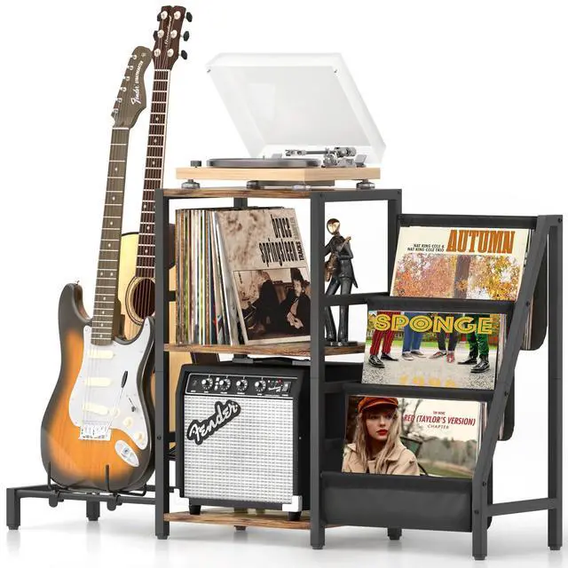 Main image of Record Player Stand with Guitar Holder, Guitar Rack for Acoustic, Electric Guitar, Bass, Guitar Stand Multiple Guitars, Vinyl Record Stand, Guitar Stands Floor for Studio