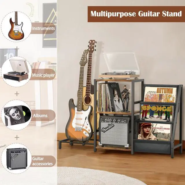Alt view image 4 of 7 - Record Player Stand with Guitar Holder, Guitar Rack for Acoustic, Electric Guitar, Bass, Guitar Stand Multiple Guitars, Vinyl Record Stand, Guitar Stands Floor for Studio