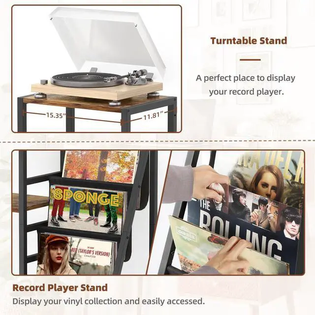 Alt view image 3 of 7 - Record Player Stand with Guitar Holder, Guitar Rack for Acoustic, Electric Guitar, Bass, Guitar Stand Multiple Guitars, Vinyl Record Stand, Guitar Stands Floor for Studio