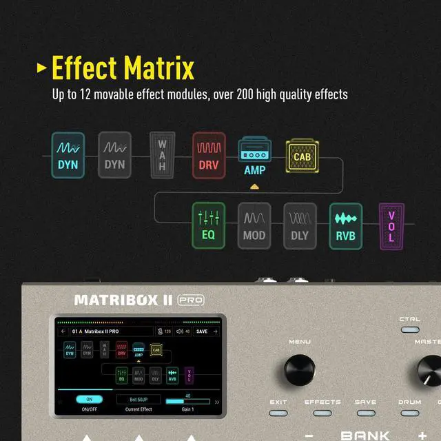 Alt view image 4 of 7 - Matribox II Pro - Multi Effects Guitar Pedal with Expression, 240+ Built-in Guitar Effects, Amp Modeling, IR Cabinet Simulation, FX Loop, MIDI Stereo OTG USB Audio Interface Color TouchScreen