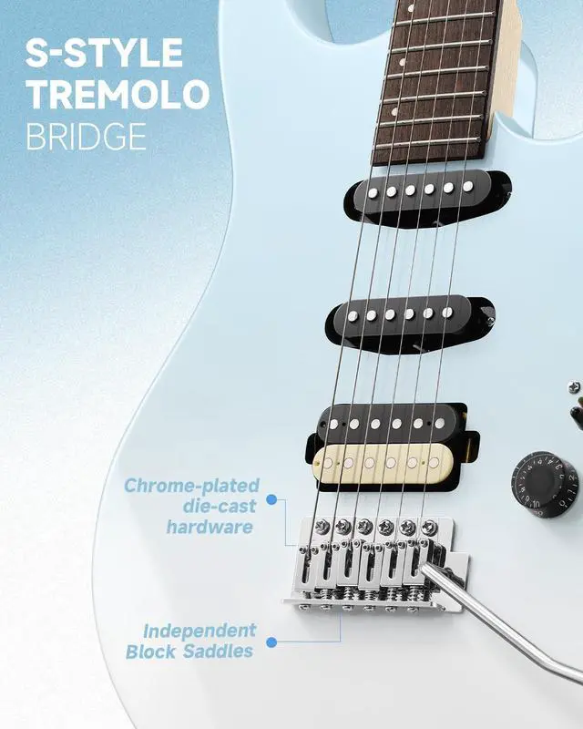 Alt view image 2 of 7 - DMT-66 Solid Body Electric Guitar Kit for Beginners, Full Size 39" Electric Guitar with HSS Pickups, Poplar Body, Maple Neck, Starter Guitar with Gig Bag & Adjustment Wrench, Gradient Blue