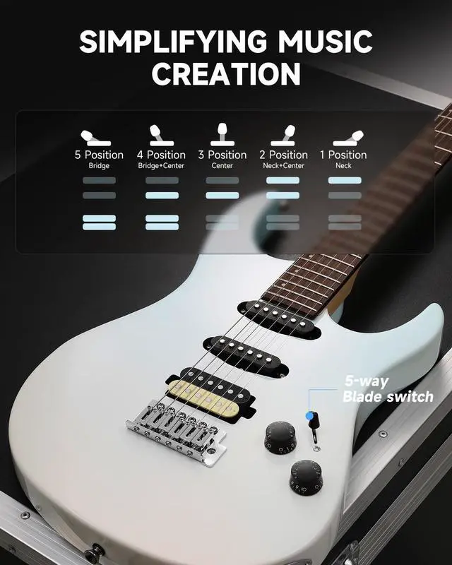 Alt view image 6 of 7 - DMT-66 Solid Body Electric Guitar Kit for Beginners, Full Size 39" Electric Guitar with HSS Pickups, Poplar Body, Maple Neck, Starter Guitar with Gig Bag & Adjustment Wrench, Gradient Blue