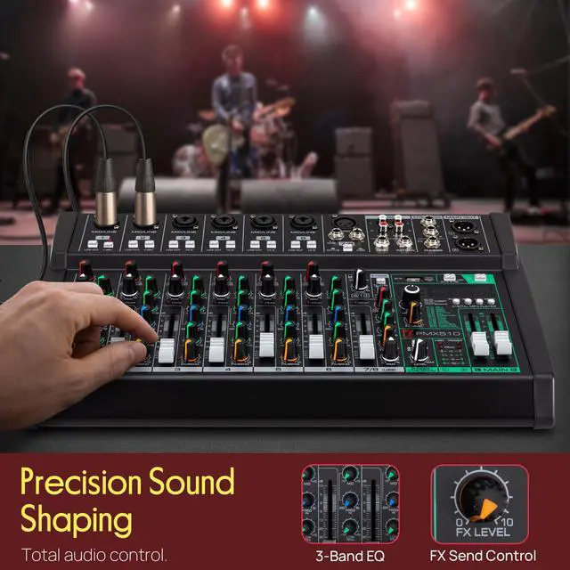 Alt view image 4 of 7 - 10 Channel Audio Mixer - 6 XLR Combo Mic Inputs, Bluetooth Studio Mixer/DJ Controller with DSP Digital Effects, USB-A In with MP3 Player, PC Recording, LED Level Meter, Smooth Dials and Faders
