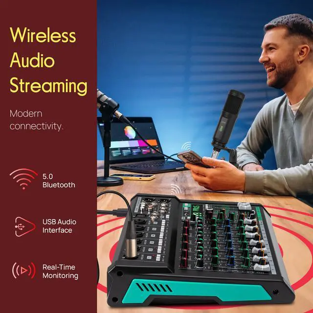 Alt view image 3 of 7 - 10 Channel Audio Mixer - 6 XLR Combo Mic Inputs, Bluetooth Studio Mixer/DJ Controller with DSP Digital Effects, USB-A In with MP3 Player, PC Recording, LED Level Meter, Smooth Dials and Faders