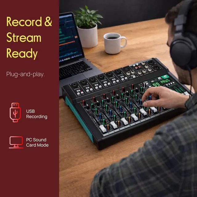 Alt view image 5 of 7 - 10 Channel Audio Mixer - 6 XLR Combo Mic Inputs, Bluetooth Studio Mixer/DJ Controller with DSP Digital Effects, USB-A In with MP3 Player, PC Recording, LED Level Meter, Smooth Dials and Faders