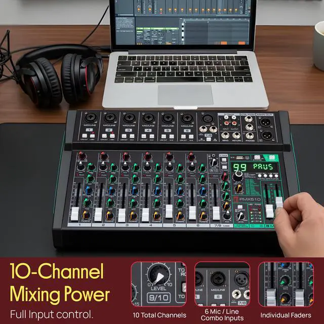 Alt view image 2 of 7 - 10 Channel Audio Mixer - 6 XLR Combo Mic Inputs, Bluetooth Studio Mixer/DJ Controller with DSP Digital Effects, USB-A In with MP3 Player, PC Recording, LED Level Meter, Smooth Dials and Faders