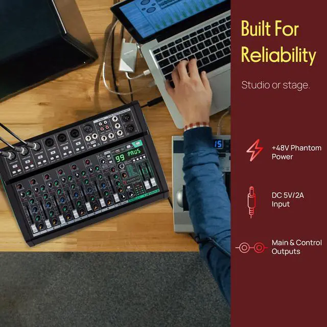 Alt view image 6 of 7 - 10 Channel Audio Mixer - 6 XLR Combo Mic Inputs, Bluetooth Studio Mixer/DJ Controller with DSP Digital Effects, USB-A In with MP3 Player, PC Recording, LED Level Meter, Smooth Dials and Faders