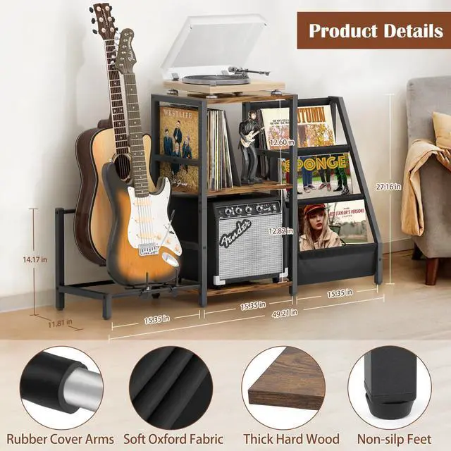Alt view image 5 of 7 - Record Player Stand with Guitar Holder, Guitar Rack for Acoustic, Electric Guitar, Bass, Guitar Stand Multiple Guitars, Vinyl Record Stand, Guitar Stands Floor for Studio