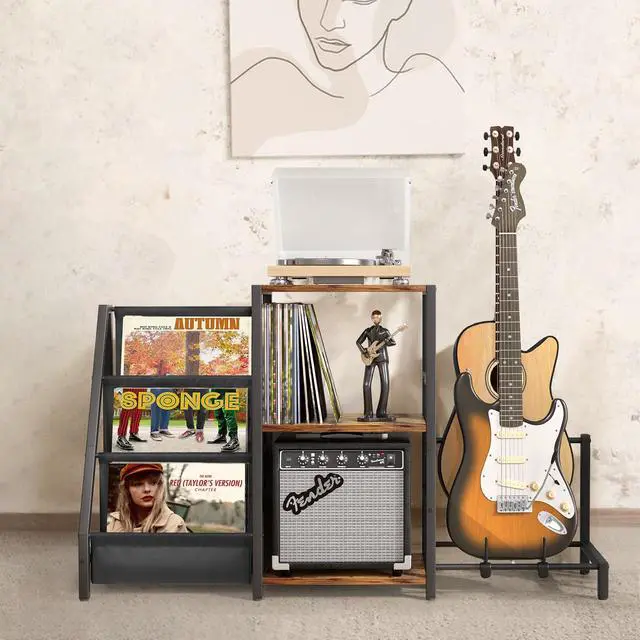 Alt view image 7 of 7 - Record Player Stand with Guitar Holder, Guitar Rack for Acoustic, Electric Guitar, Bass, Guitar Stand Multiple Guitars, Vinyl Record Stand, Guitar Stands Floor for Studio