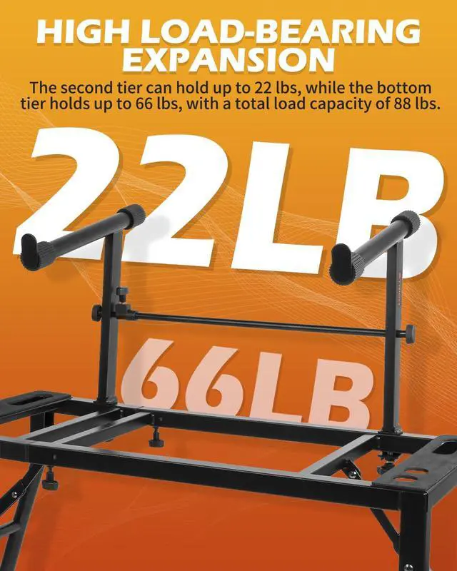 Alt view image 4 of 6 - Dual Piano Keyboard Stand with 2nd Tier - Adjustable and Portable 2 Tier Music Stand for Synths and Electric Digital Keyboards - Fits 54 61 88 Key Pianos