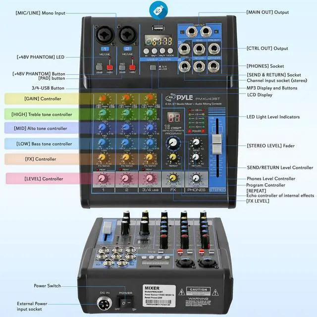 Alt view image 2 of 7 - 4 Channel Audio Mixer with Bluetooth - DJ Sound Board Controller - USB Computer Input - Built-in MP3 Player - 48V Phantom Power - 3 Band EQ - 16-Bit DSP FX - Band, Studio Ready - PMXU43BT