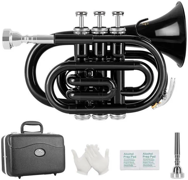 Main image of Pocket Trumpet Brass Bb Trumpet with 7C Mouthpiece, Hard Case, Strap, Gloves, Cleaning Kit for Students and Beginners(Black)