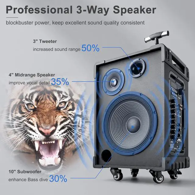 Alt view image 2 of 7 - GTSK10-3 3-Way Portable Bluetooth PA Speaker System w/Wireless Mics 10" Karaoke Speaker with Subwoofer, FM Radio, TWS, Rolling Wheels & Rechargeable Battery for Parties, Events, Game Day & Outdoors