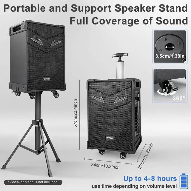 Alt view image 4 of 7 - GTSK10-3 3-Way Portable Bluetooth PA Speaker System w/Wireless Mics 10" Karaoke Speaker with Subwoofer, FM Radio, TWS, Rolling Wheels & Rechargeable Battery for Parties, Events, Game Day & Outdoors