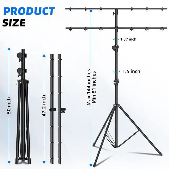 Alt view image 3 of 7 - Tall DJ Lights Stand with 2 T Bar, Heavy Duty DJ Stand for 8 Lights, Portable Par Can Stage Light Stand Adjustable Height 81-144 Inch, 12 ft